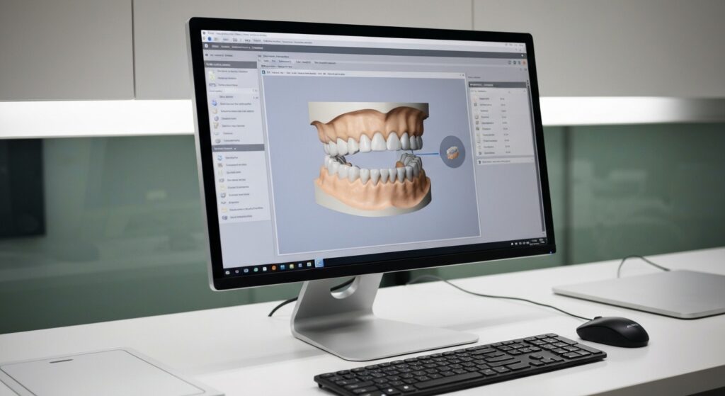 Logiciel de CAO dentaire avec modèle 3D de mâchoire sur écran au laboratoire numérique