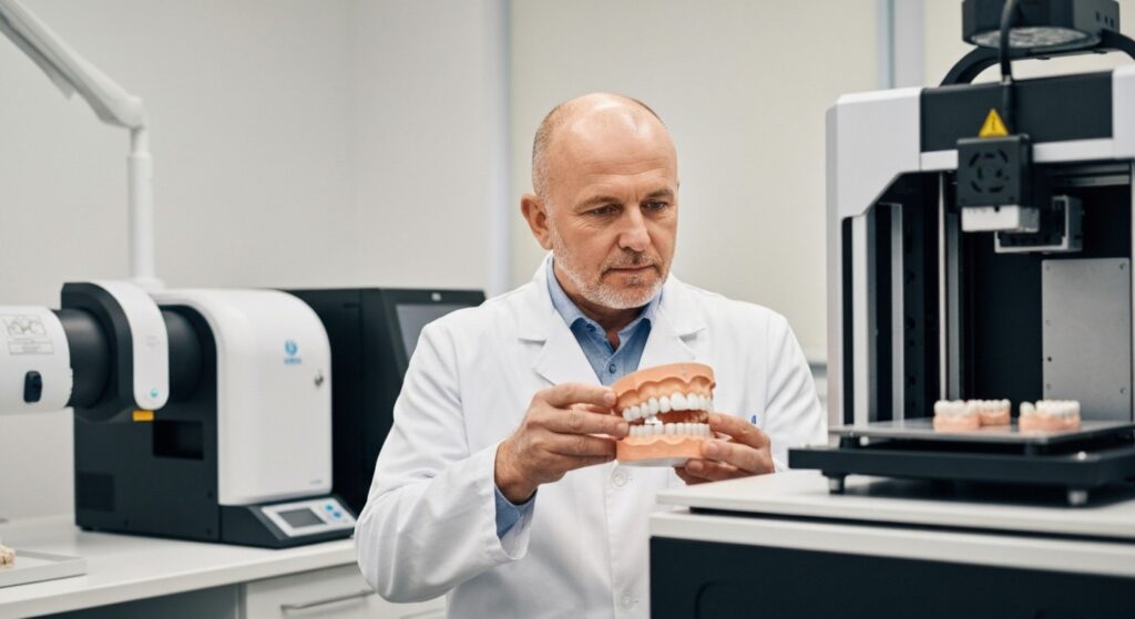 Technicien contrôlant la qualité d'un modèle dentaire imprimé en 3D