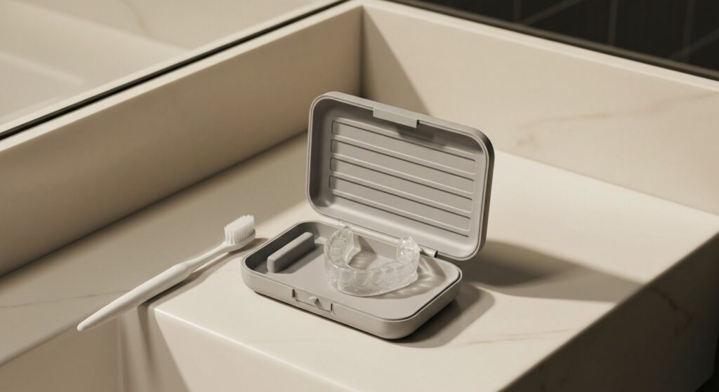 Boîtier de rangement avec gouttière dentaire et brosse à dents pour entretien