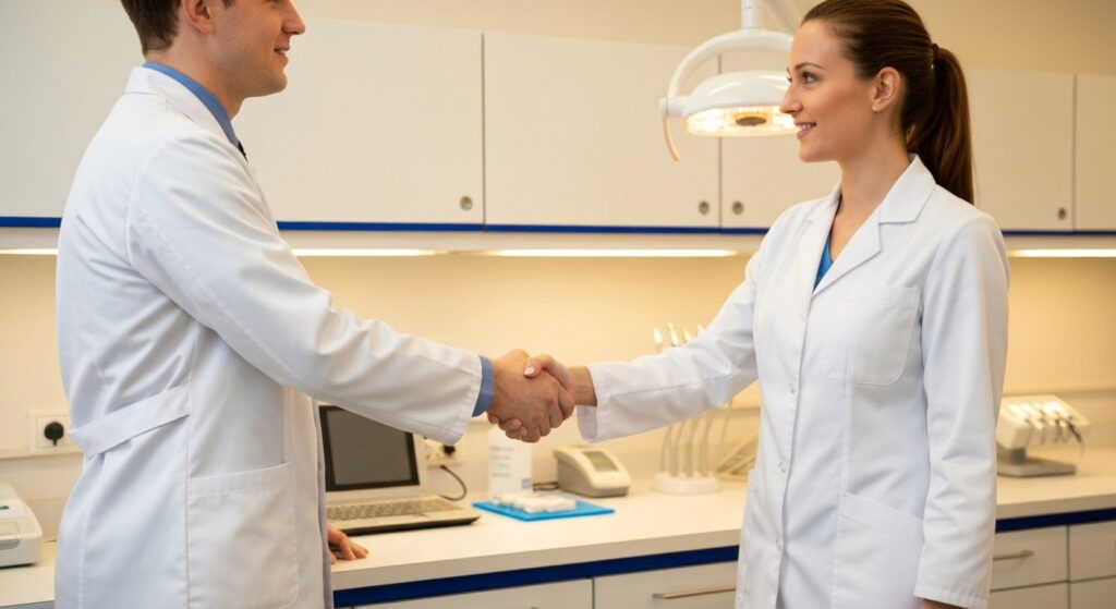 Partenariat entre un dentiste et un prothésiste dentaire en laboratoire à Seneffe