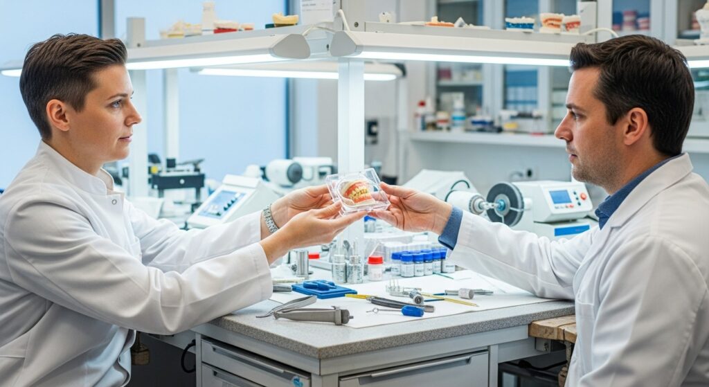 Prothésiste dentaire remettant une prothèse finie à un dentiste au laboratoire à Seneffe