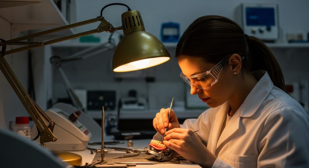 Technicien prothésiste travaillant en soirée pour une réparation urgente de prothèse dentaire