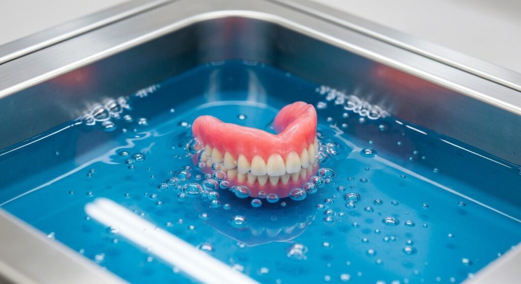 Prothèse dentaire dans un bac à ultrasons professionnel au laboratoire Vanelven à Seneffe