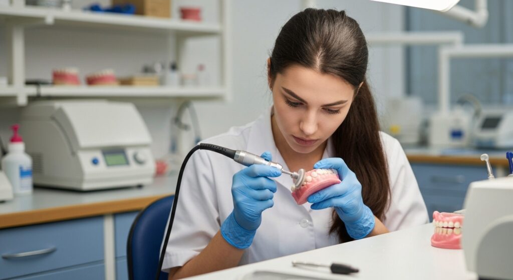 Technicien polissant une prothèse dentaire avec un outil rotatif au laboratoire