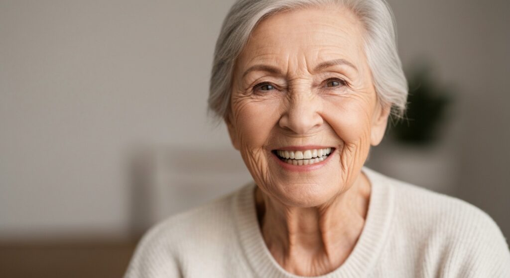 Personne âgée souriante avec des prothèses dentaires parfaitement ajustées