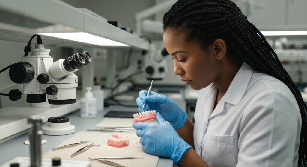 Technicien réparant une prothèse dentaire cassée dans un laboratoire à Seneffe
