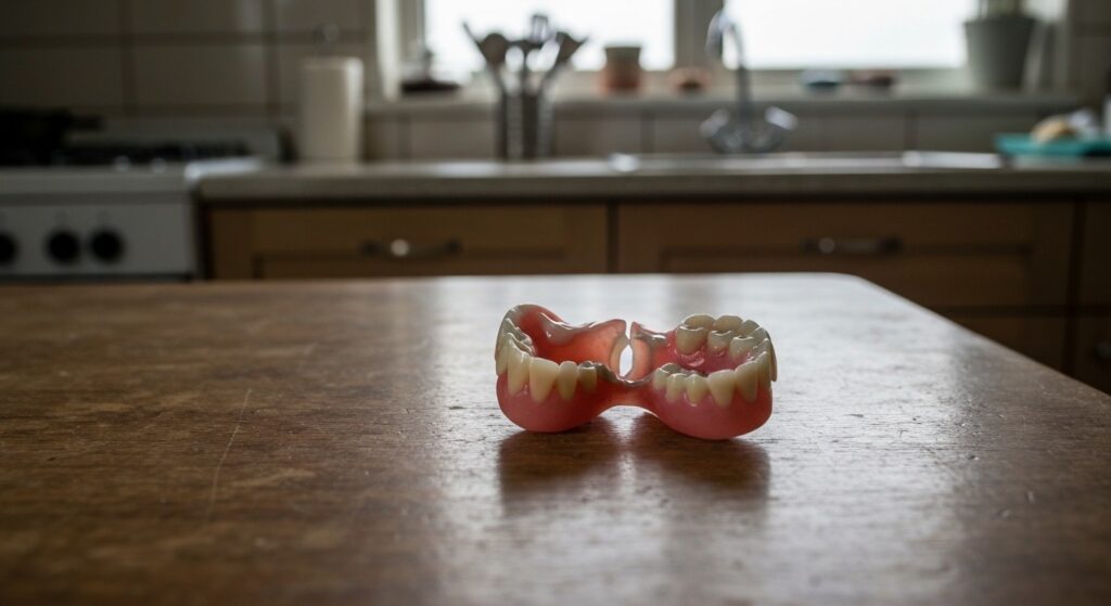 Prothèse dentaire endommagée avec traces de super glue après une réparation maison ratée