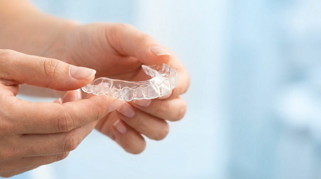 Deux mains tiennent une gouttière dentaire transparente, utilisée pour le bruxisme, sur un fond bleu clair flou.