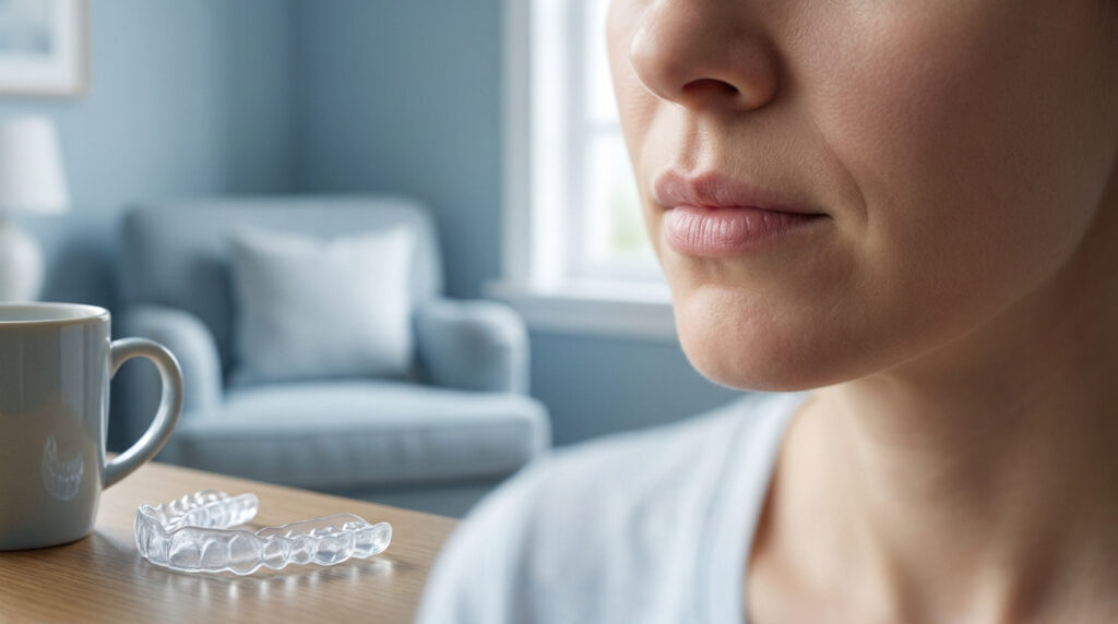 Gros plan sur une femme et une gouttière dentaire transparente posée sur une table. Contexte de solution au bruxisme.