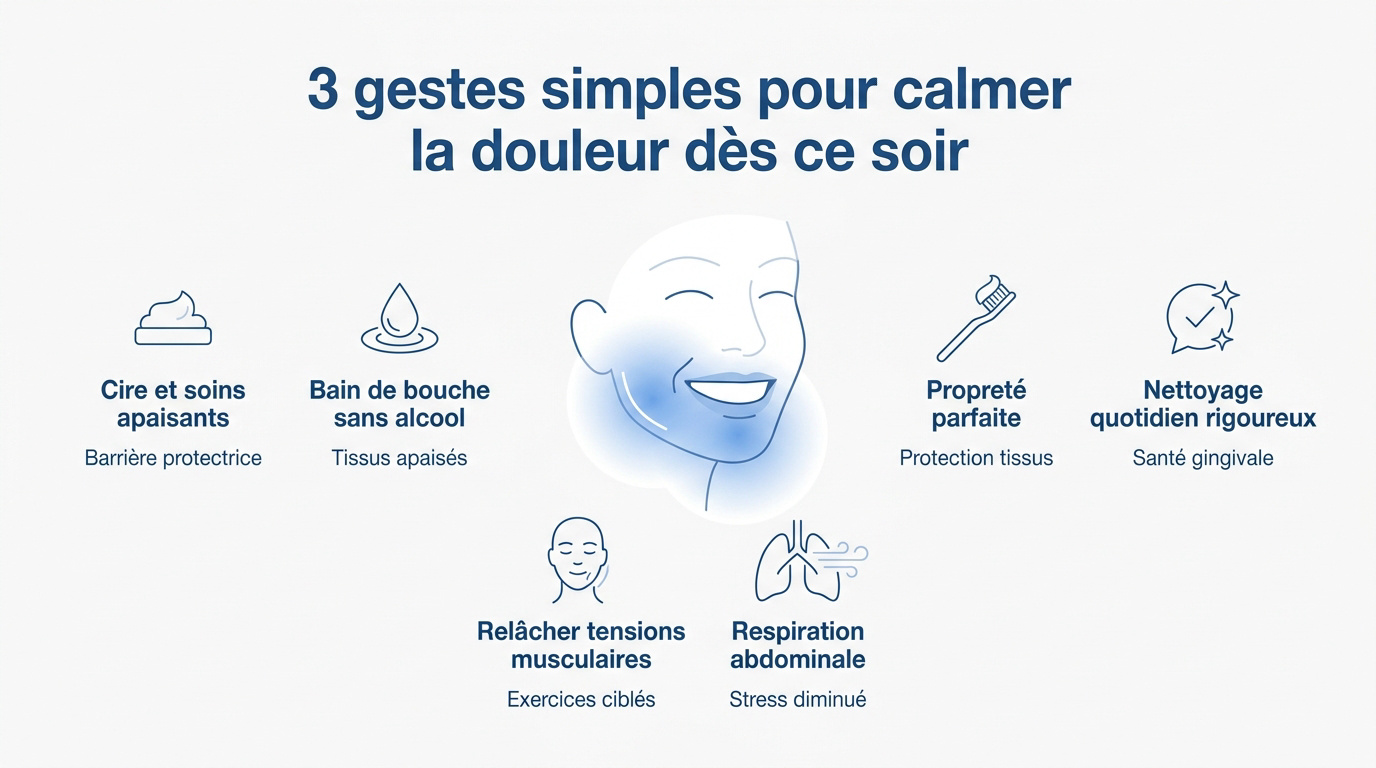 Femme appliquant une compresse tiède sur sa mâchoire pour soulager la douleur de sa gouttière
