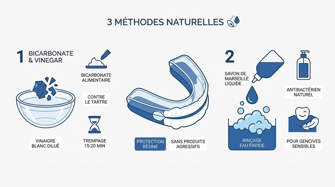 Nettoyage naturel d'une gouttière dentaire avec du vinaigre et du bicarbonate