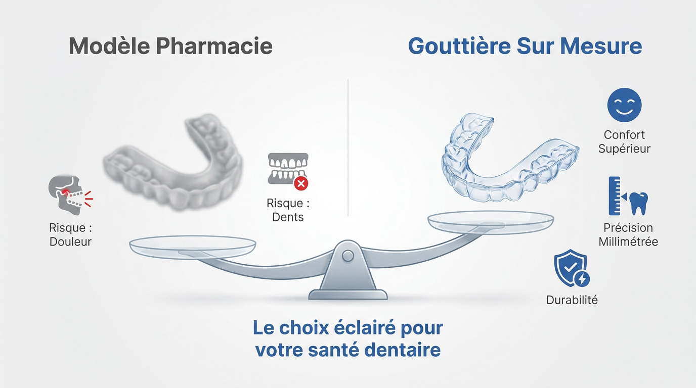 Comparaison entre une gouttière dentaire de pharmacie et une gouttière sur mesure réalisée en laboratoire