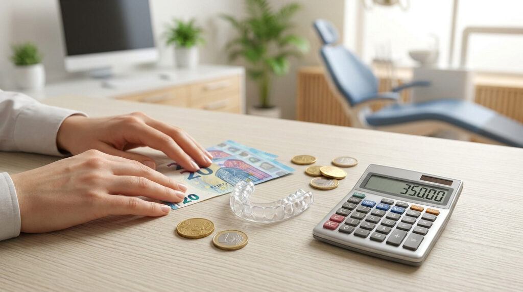 Mains calculant le prix d'une gouttière dentaire (350€) avec des billets et pièces en euros, fond de cabinet dentaire flou.