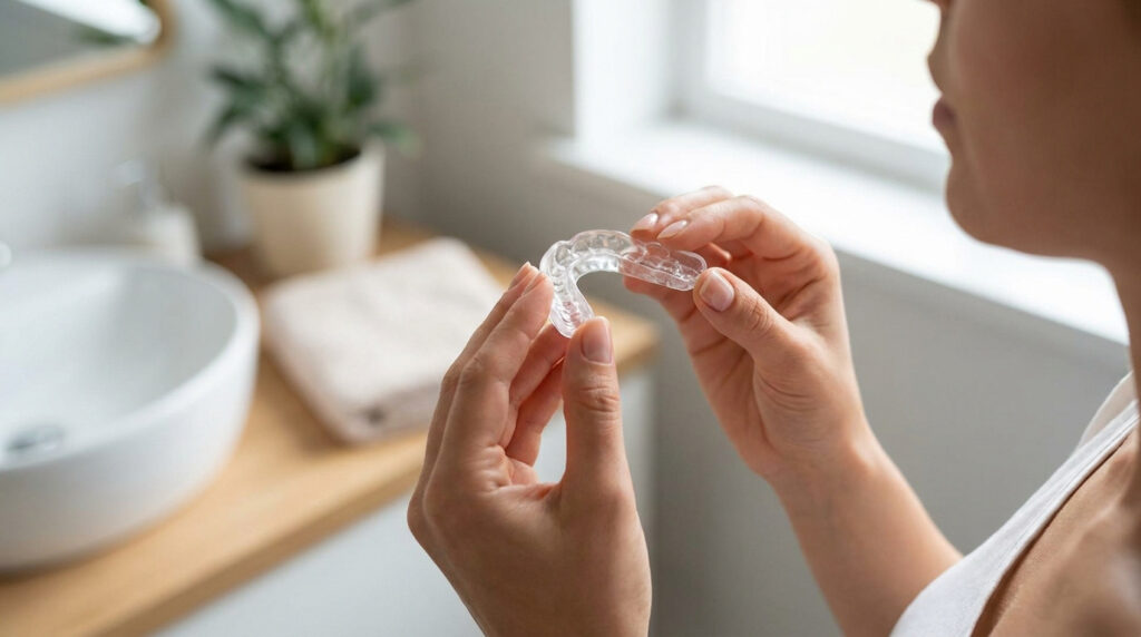 Gros plan sur les mains d'une femme tenant une gouttière occlusale transparente, prête à l'utiliser dans une salle de bain.