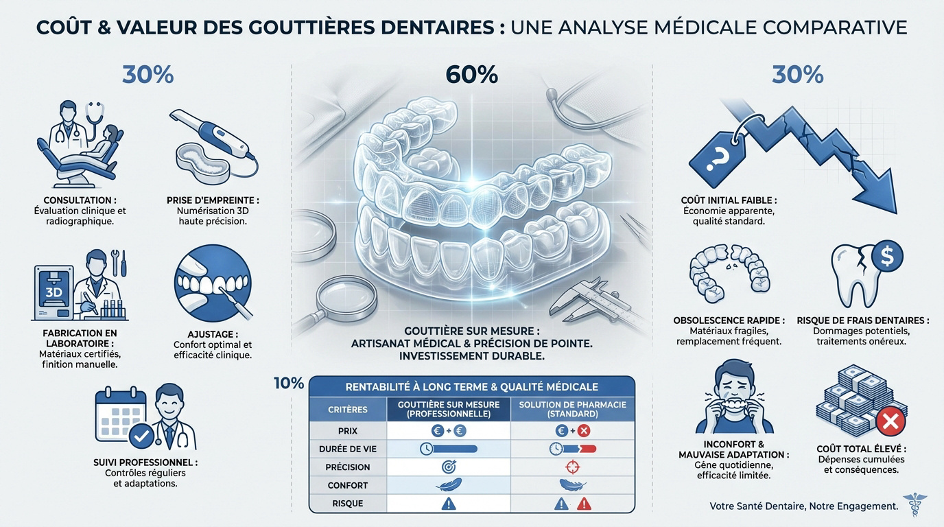 Comparaison entre une gouttière dentaire sur mesure et un modèle standard de pharmacie