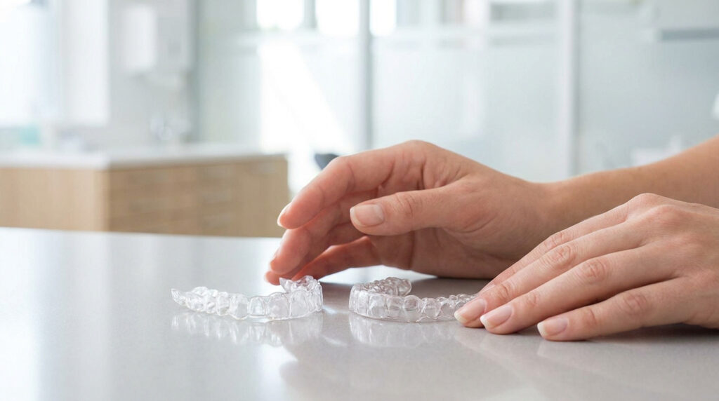 Deux gouttières dentaires transparentes posées sur une table claire, avec des mains qui les examinent. Fond flou de clinique.