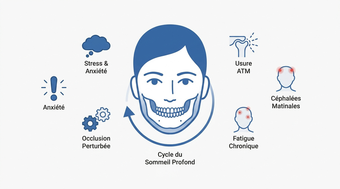 Infographie expliquant les causes du bruxisme et son impact sur la dentition