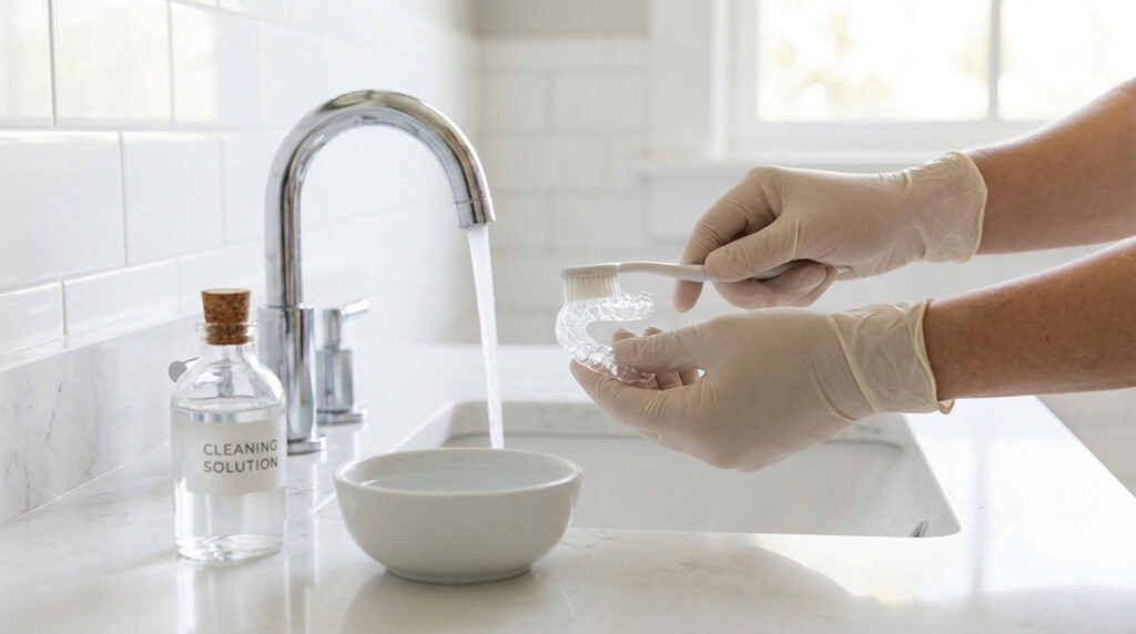 Mains gantées brossant une gouttière dentaire sous l'eau courante d'un robinet, avec une solution de nettoyage.