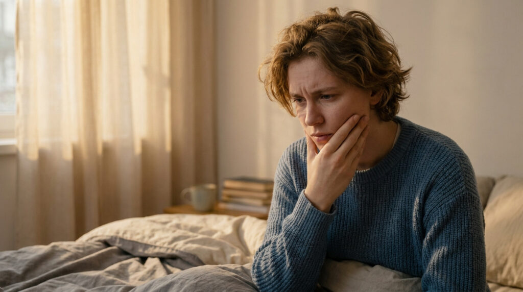 Jeune adulte en pull bleu, le visage marqué par la douleur ou l'inquiétude, tenant sa mâchoire, assis sur un lit lumineux.