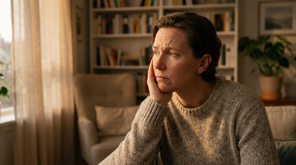 Femme d'âge moyen, pensive et aux traits marqués par le stress, la main sur le menton. Vue d'intérieur, suggère les effets du bruxisme.