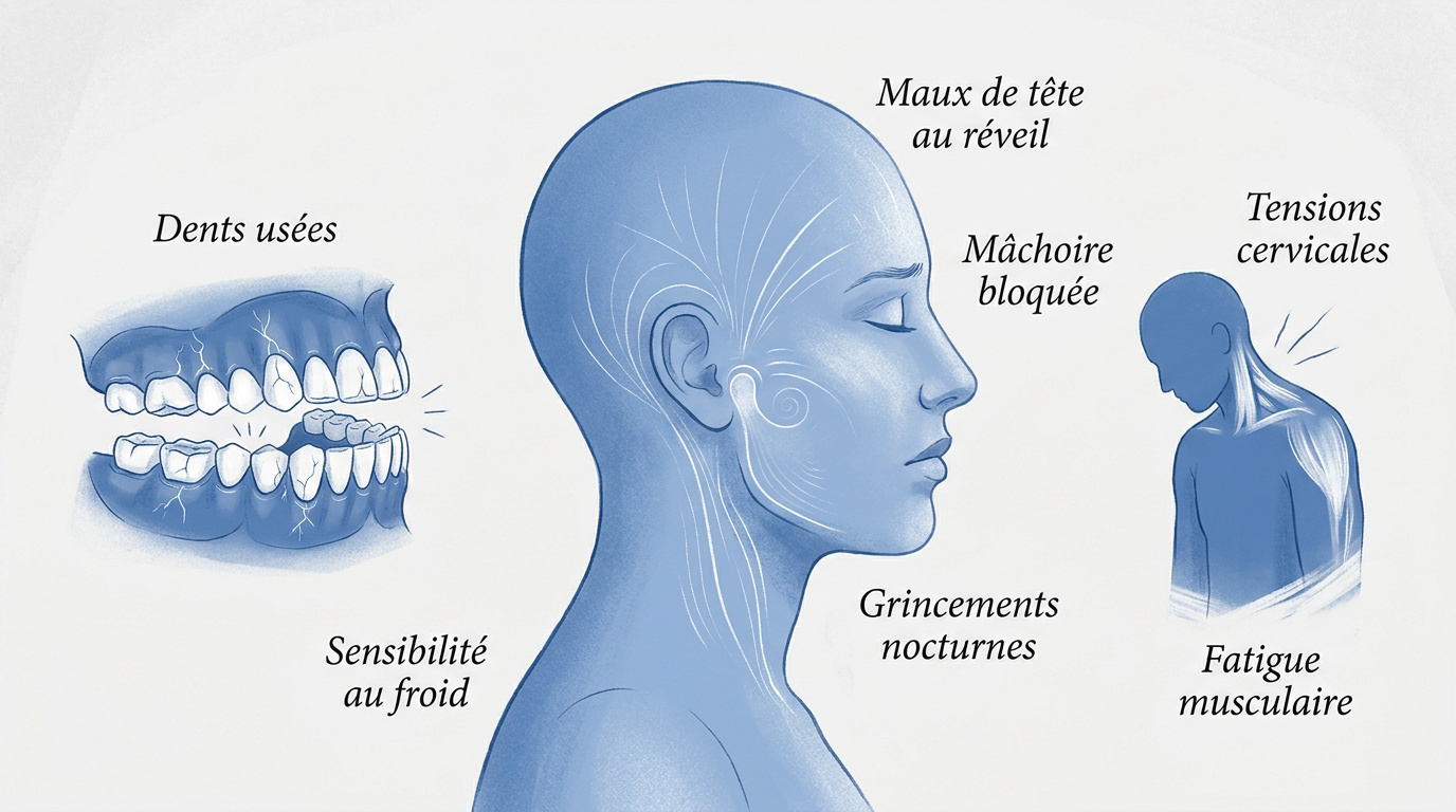 Femme souffrant de douleurs à la mâchoire et de fatigue musculaire dues au bruxisme