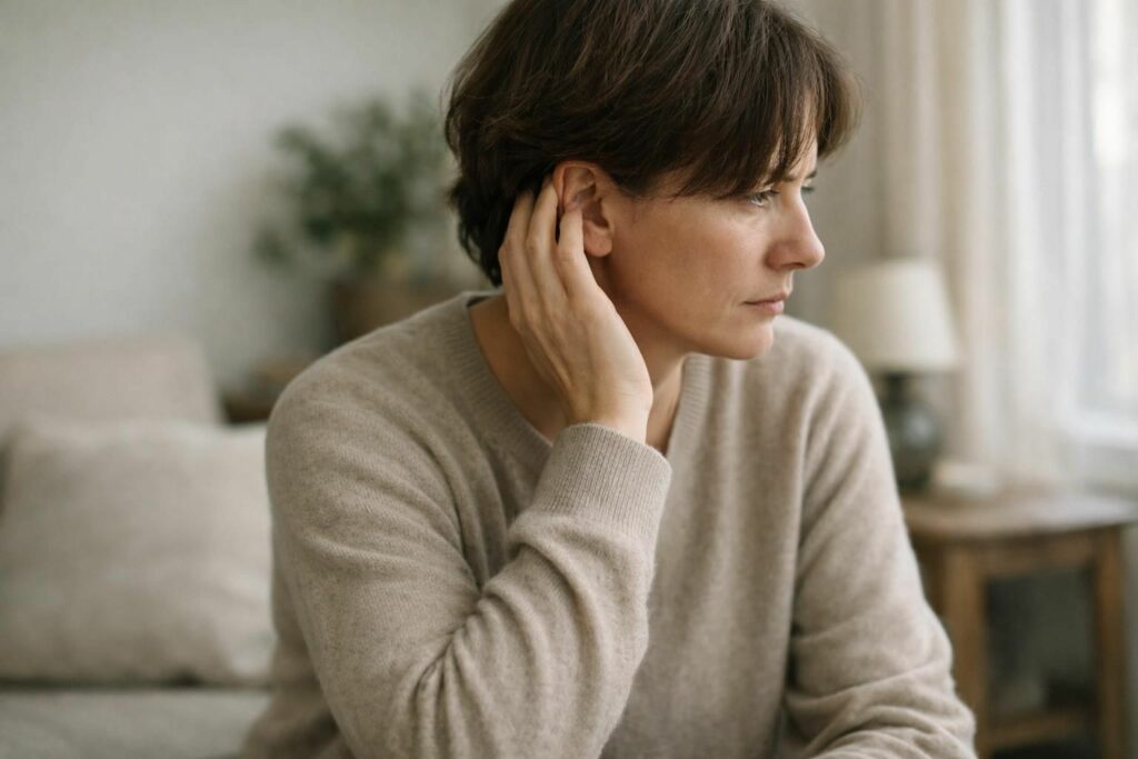 Personne gênée par un acouphène, la main près de l'oreille