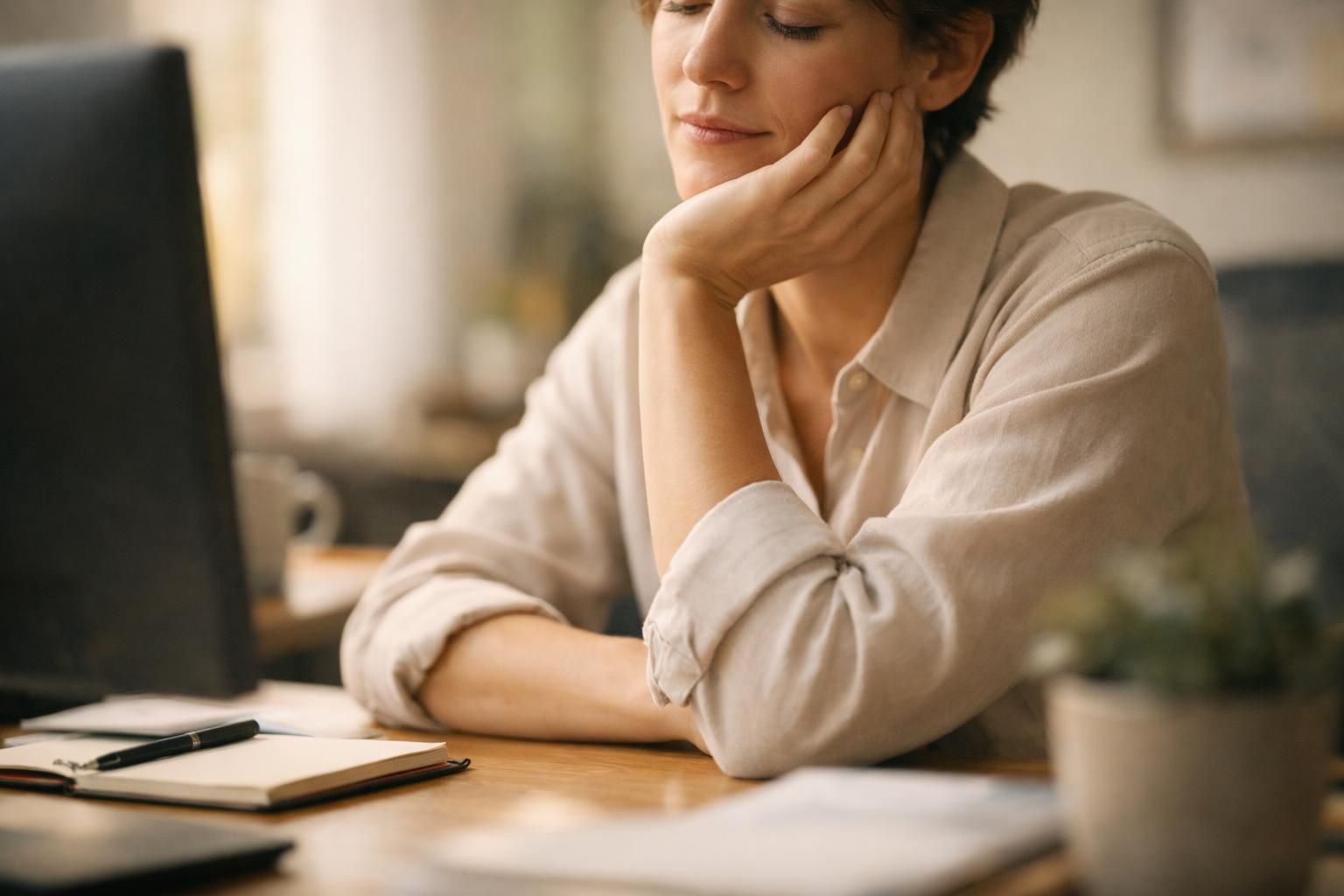 Personne relâchant consciemment sa mâchoire à son bureau en journée