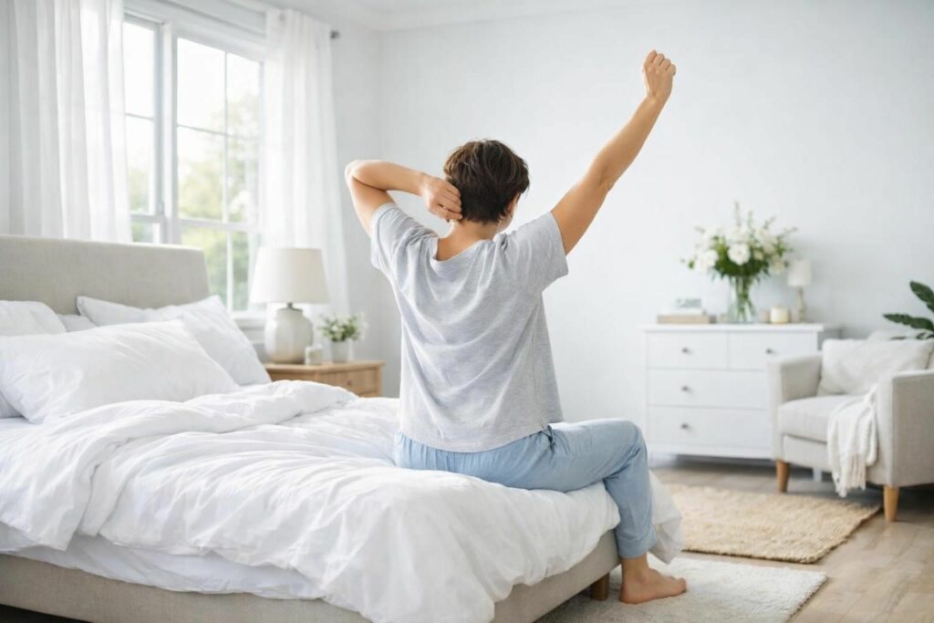 Personne réveillée reposée s'étirant dans une chambre lumineuse le matin