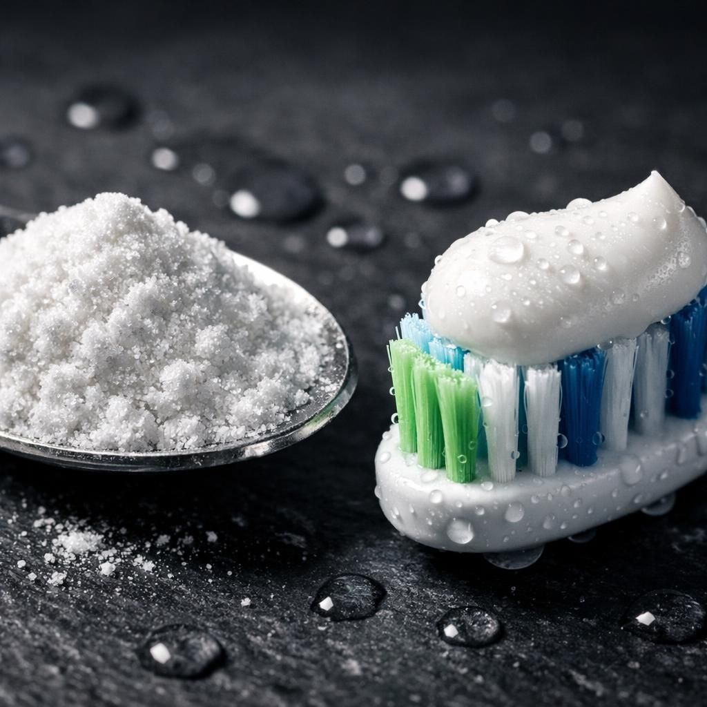 Cuillère de bicarbonate de soude et brosse à dents humide, détail de la poudre fine