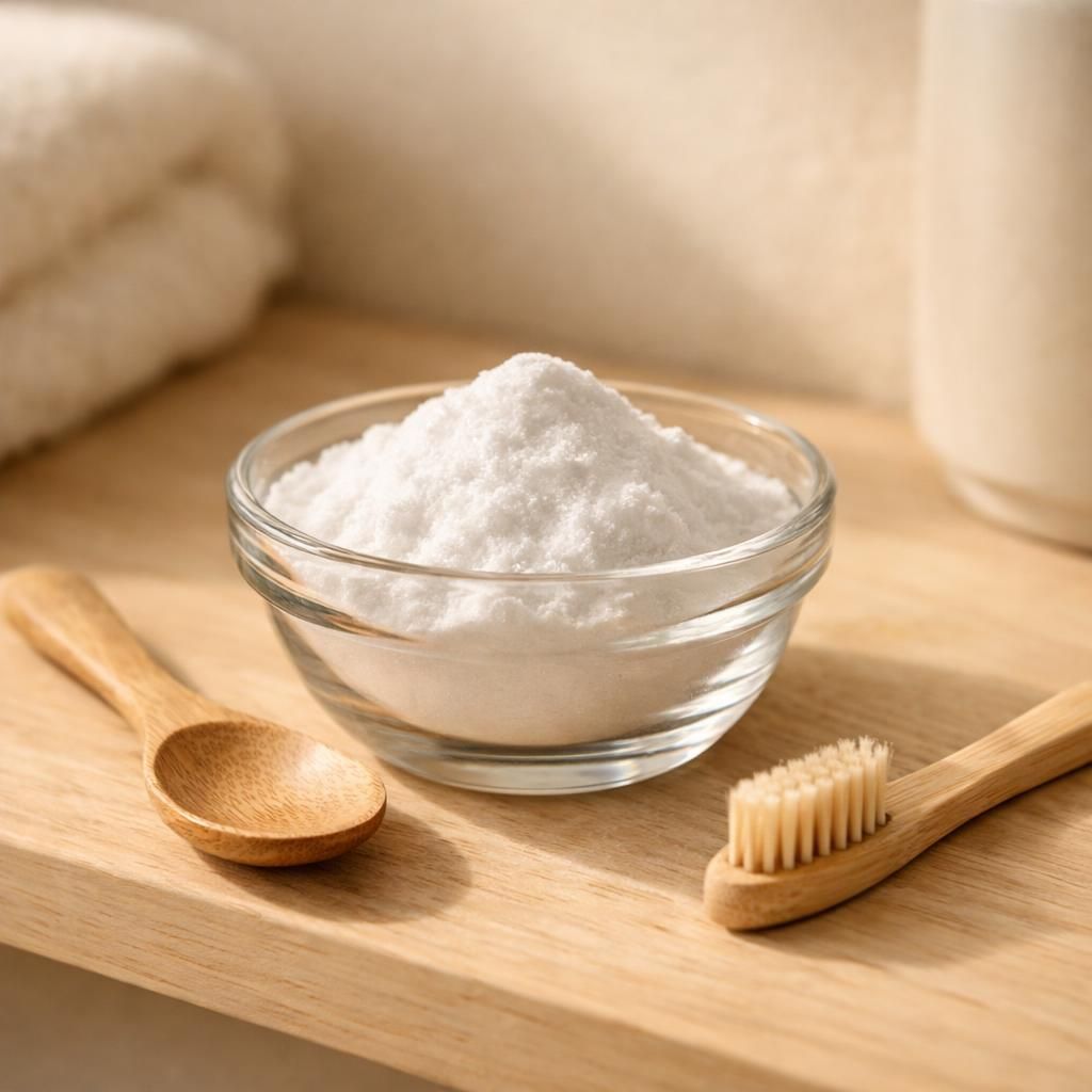 Bol de bicarbonate de soude et brosse à dents sur une étagère de salle de bain