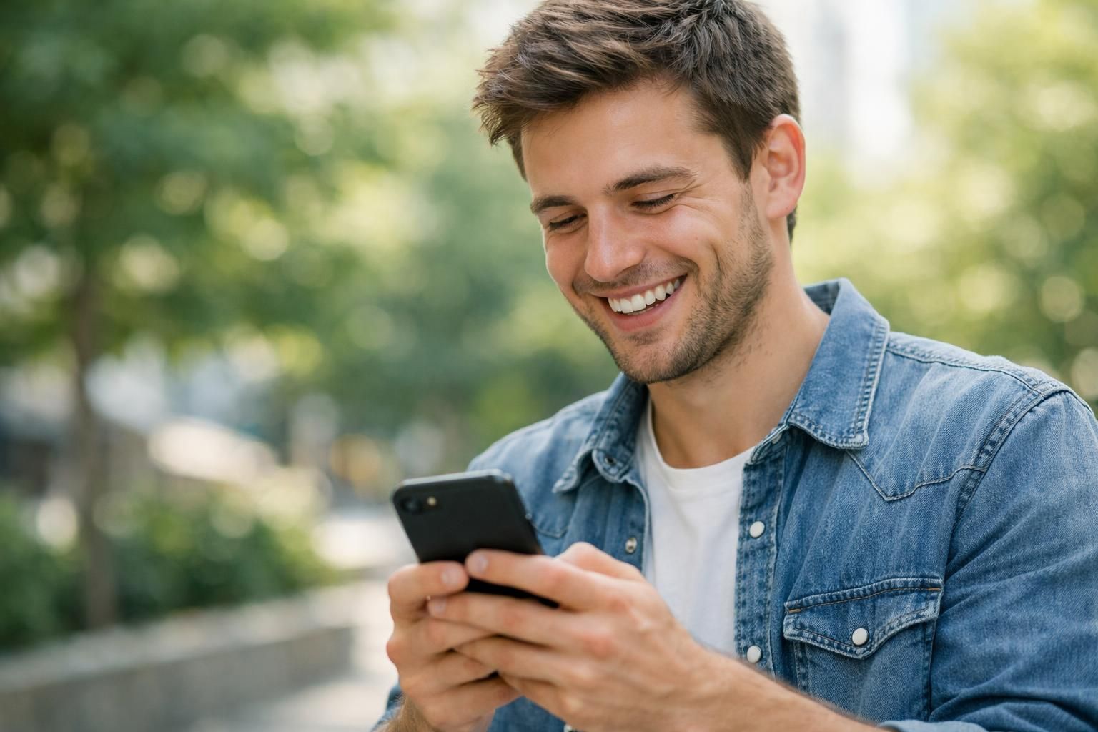 Jeune adulte souriant regardant son smartphone en extérieur