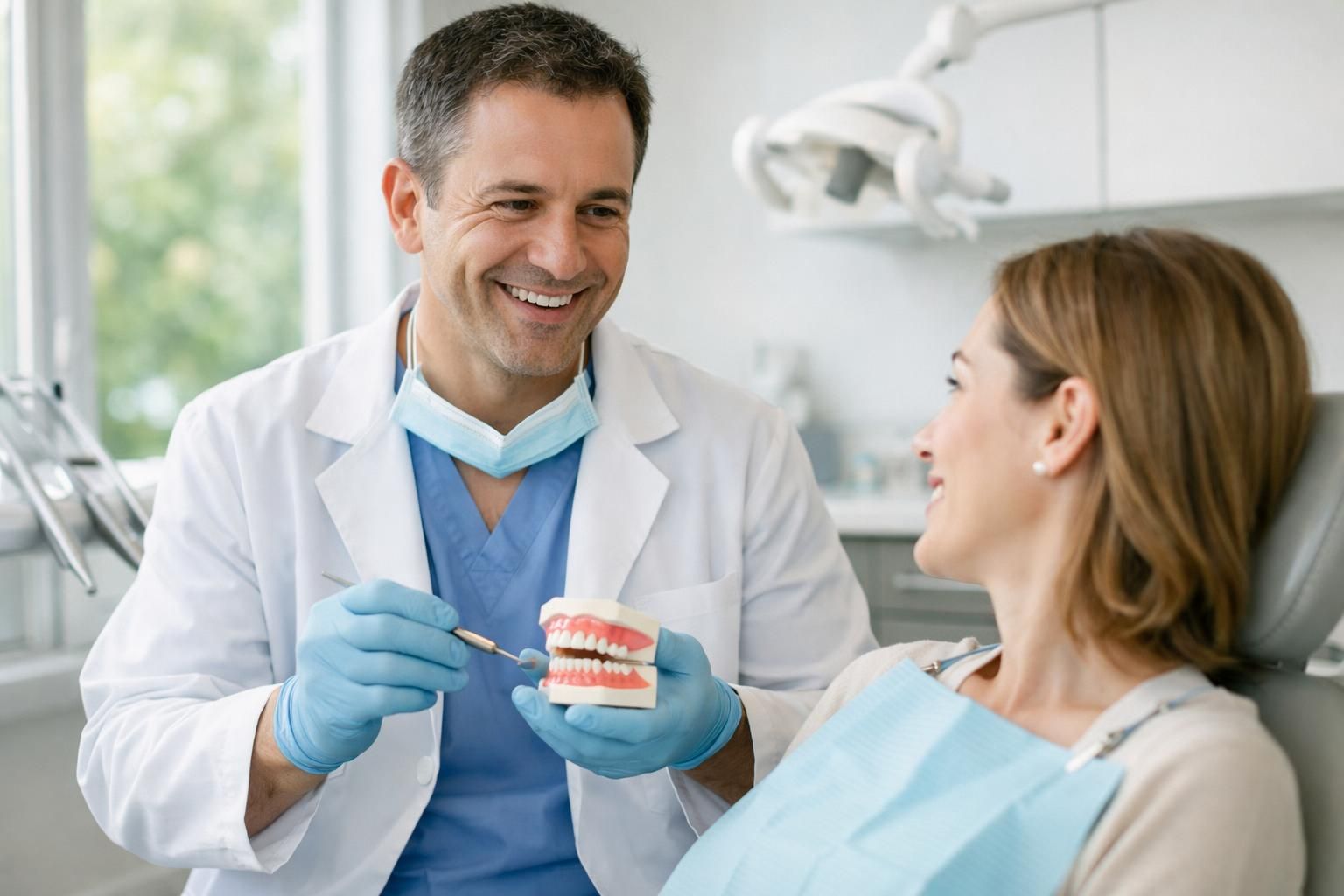 Dentiste expliquant le blanchiment à une patiente en cabinet lumineux