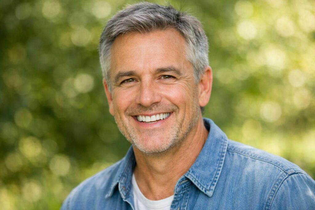 Homme souriant aux dents saines à la lumière naturelle