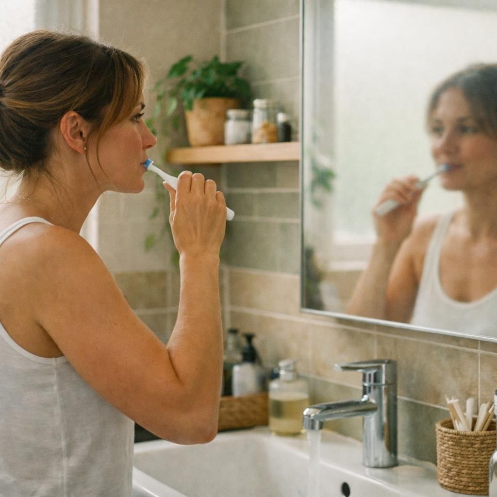 Femme se brossant les dents le matin, hygiène quotidienne pour des dents claires