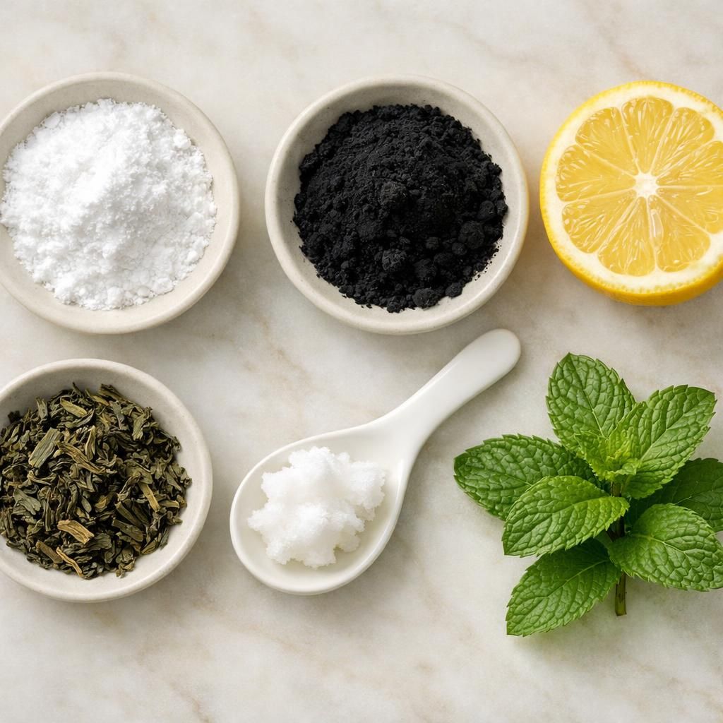 Ingrédients naturels de blanchiment : bicarbonate, charbon, citron, huile de coco