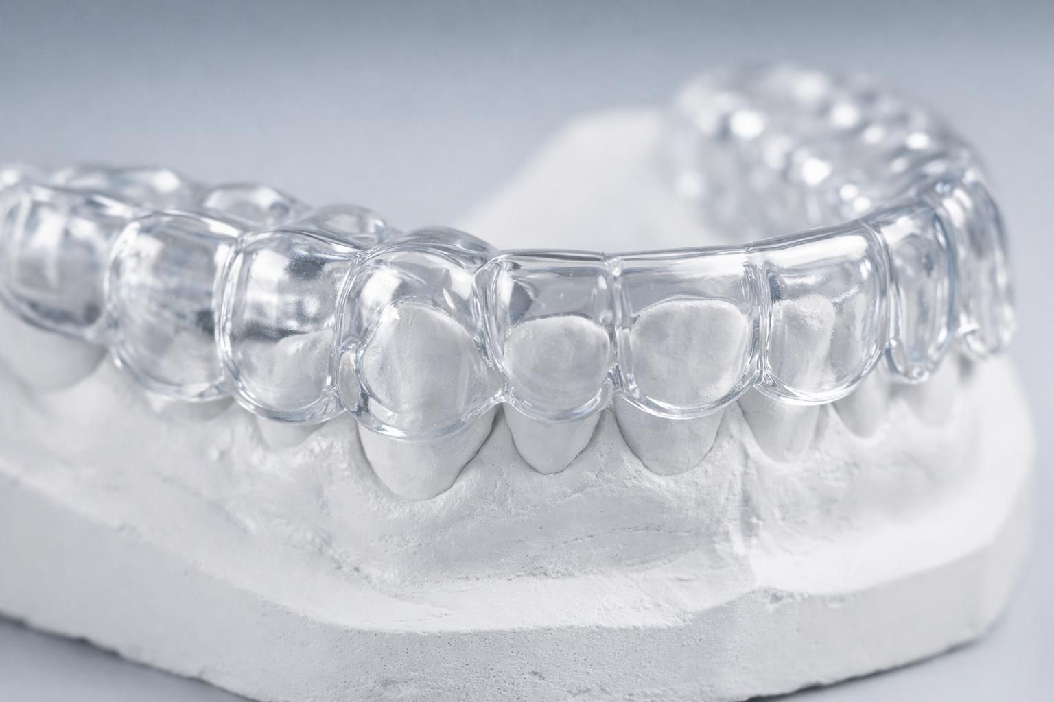 Gouttière occlusale transparente sur mesure posée sur un modèle dentaire