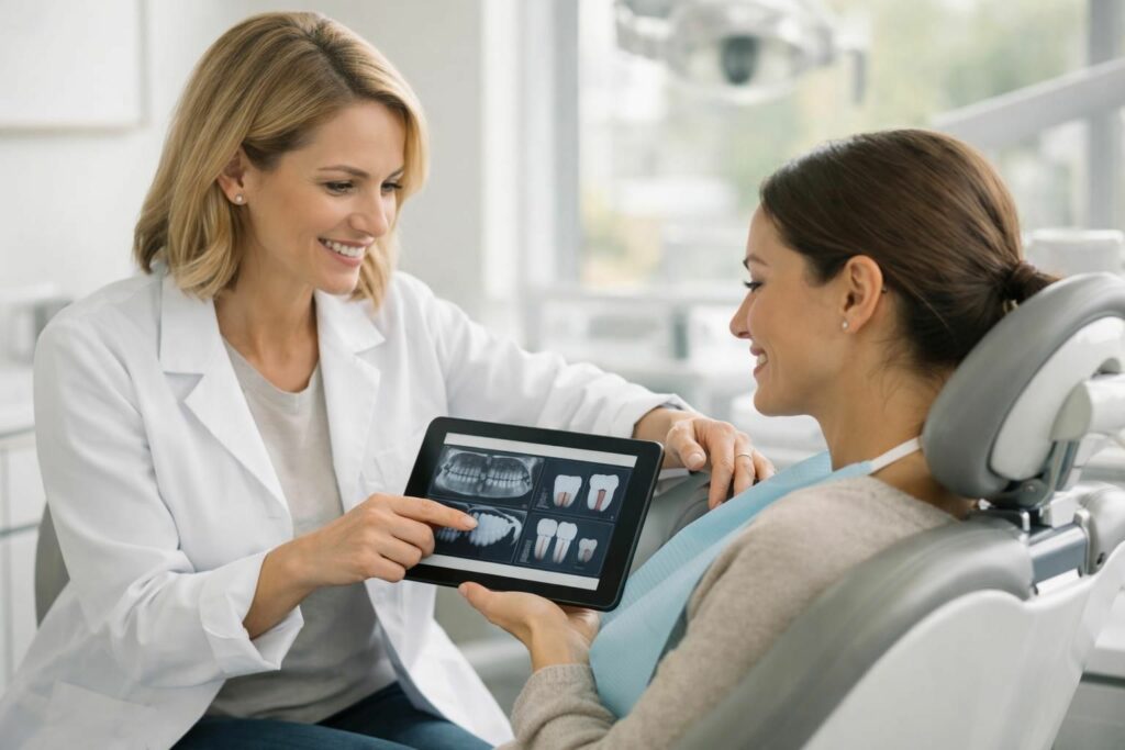Dentiste rassurant un patient en lui montrant des informations sur une tablette