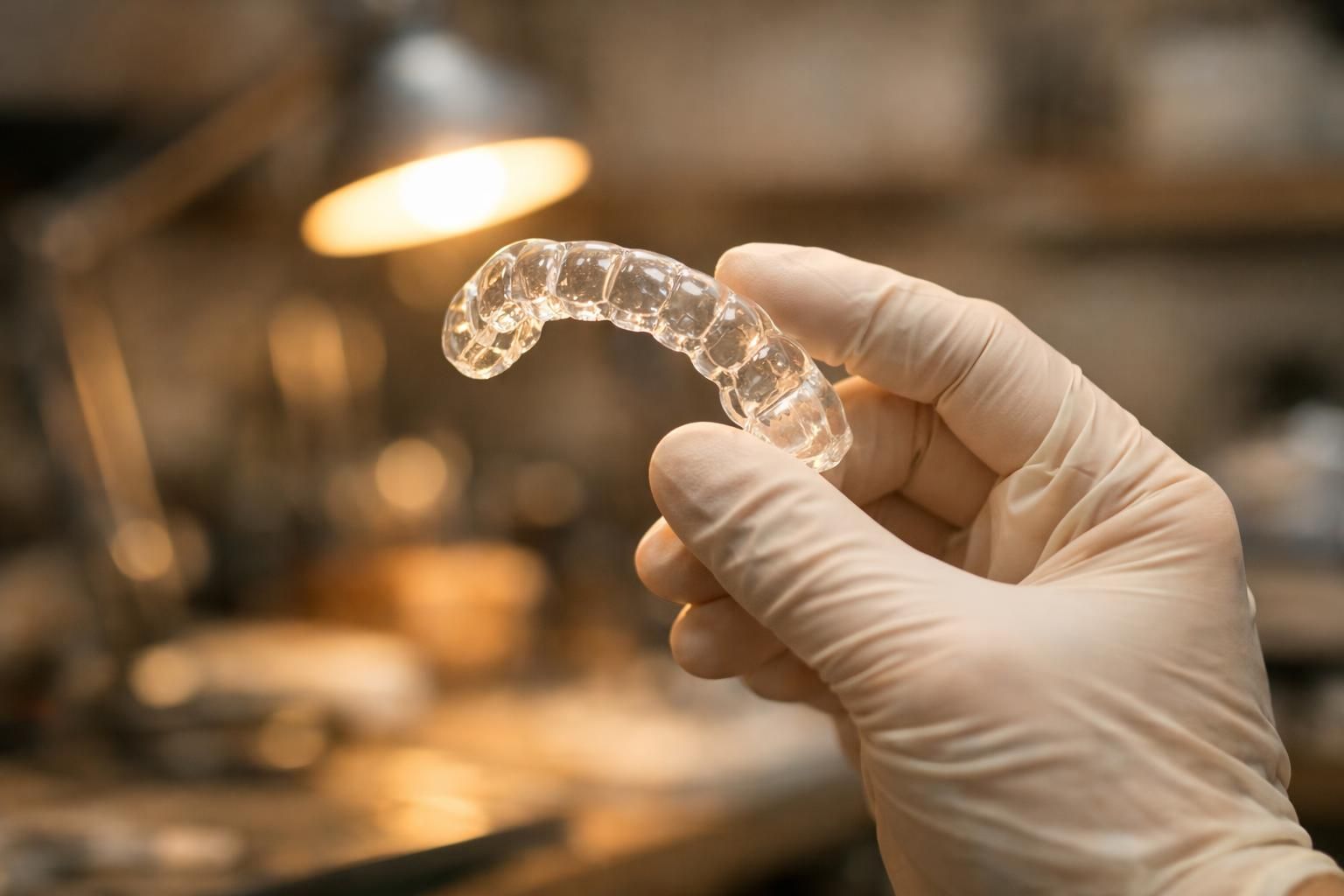 Gouttière anti-bruxisme sur mesure inspectée à la lumière en laboratoire