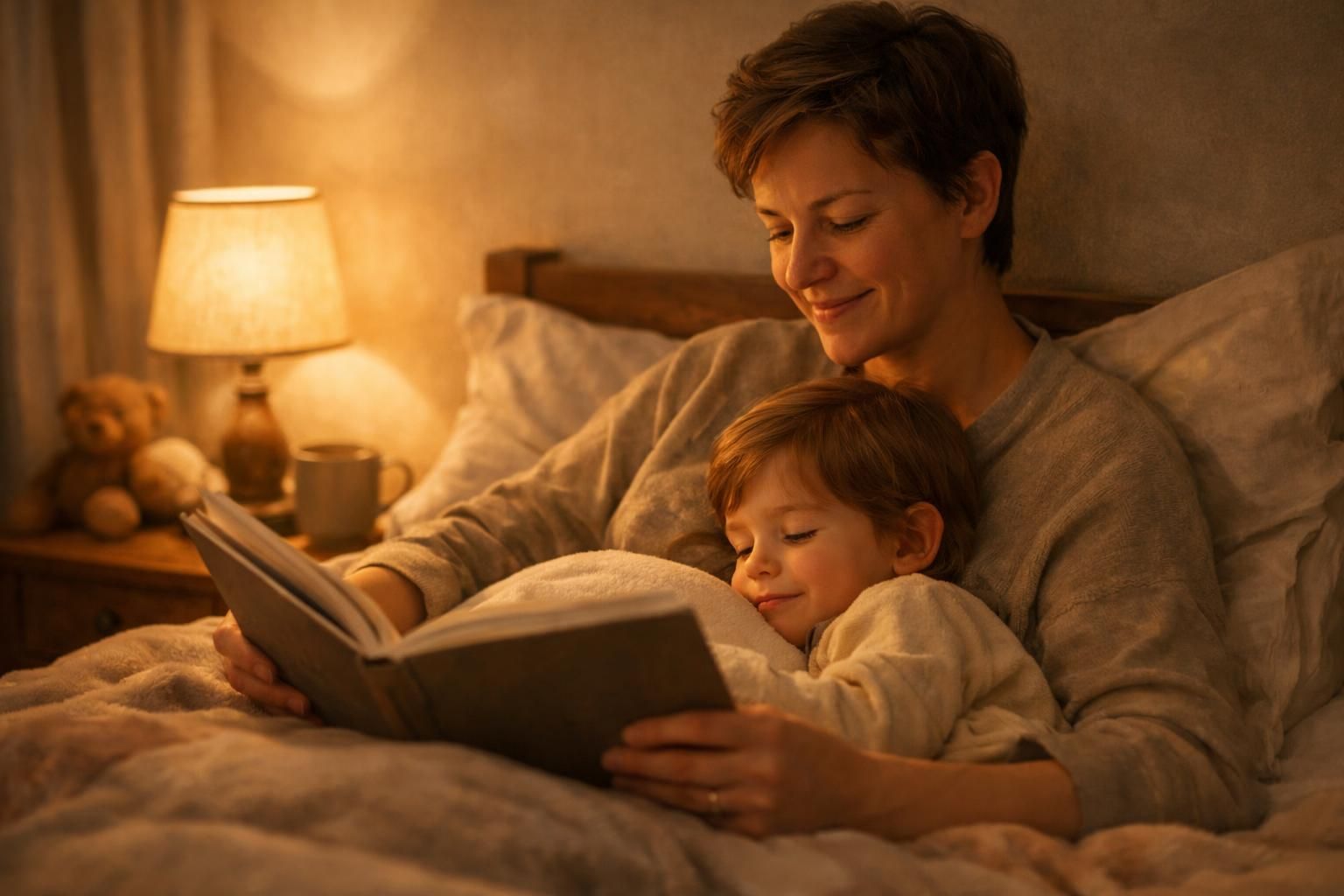 Parent lisant une histoire à son enfant au moment du coucher dans une chambre chaleureuse