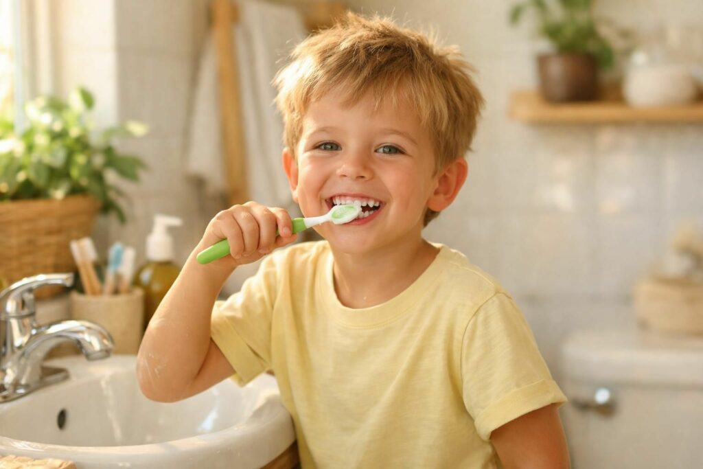 Jeune enfant souriant se brossant les dents dans une salle de bain lumineuse