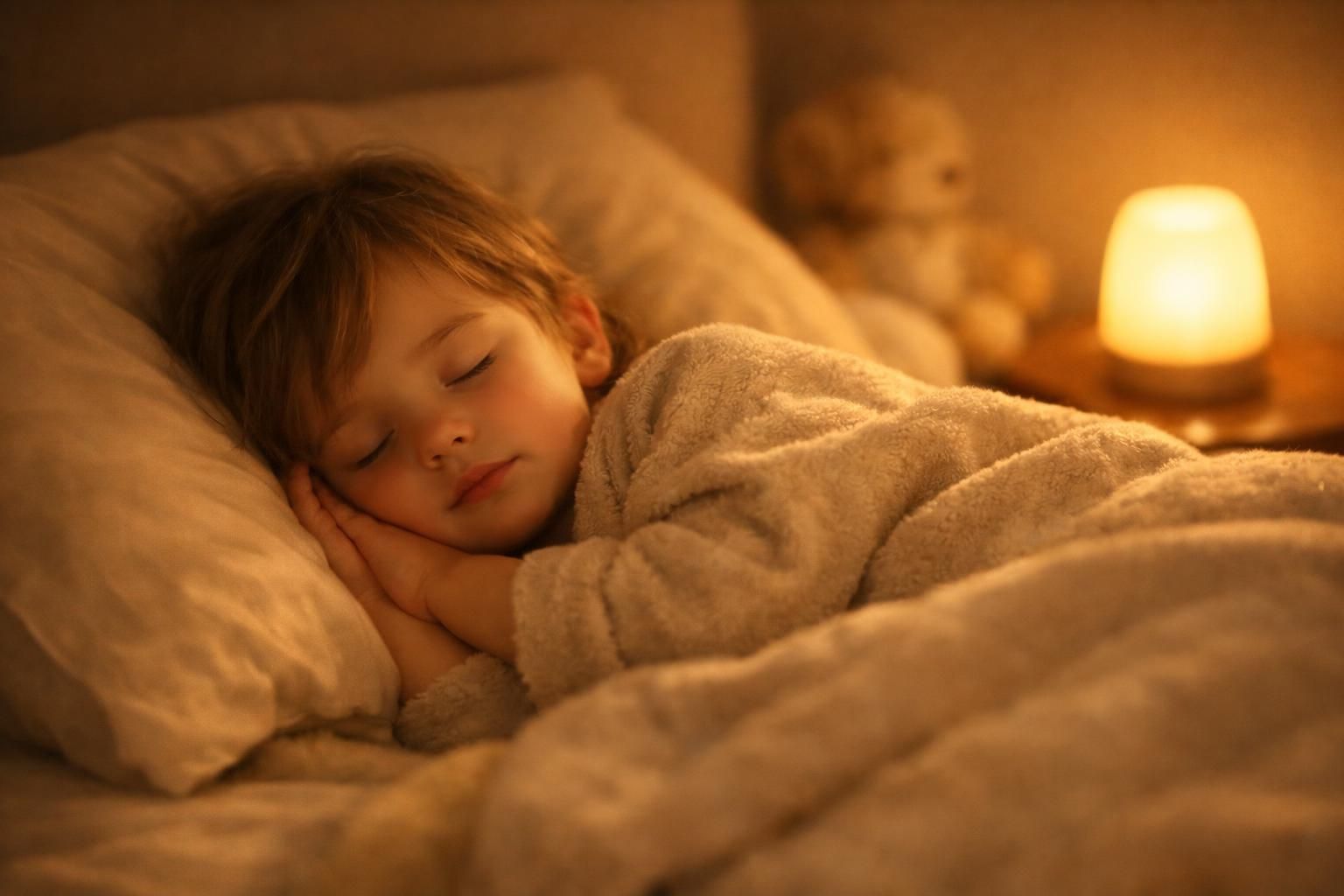 Jeune enfant endormi paisiblement la nuit dans son lit à la lueur d'une veilleuse