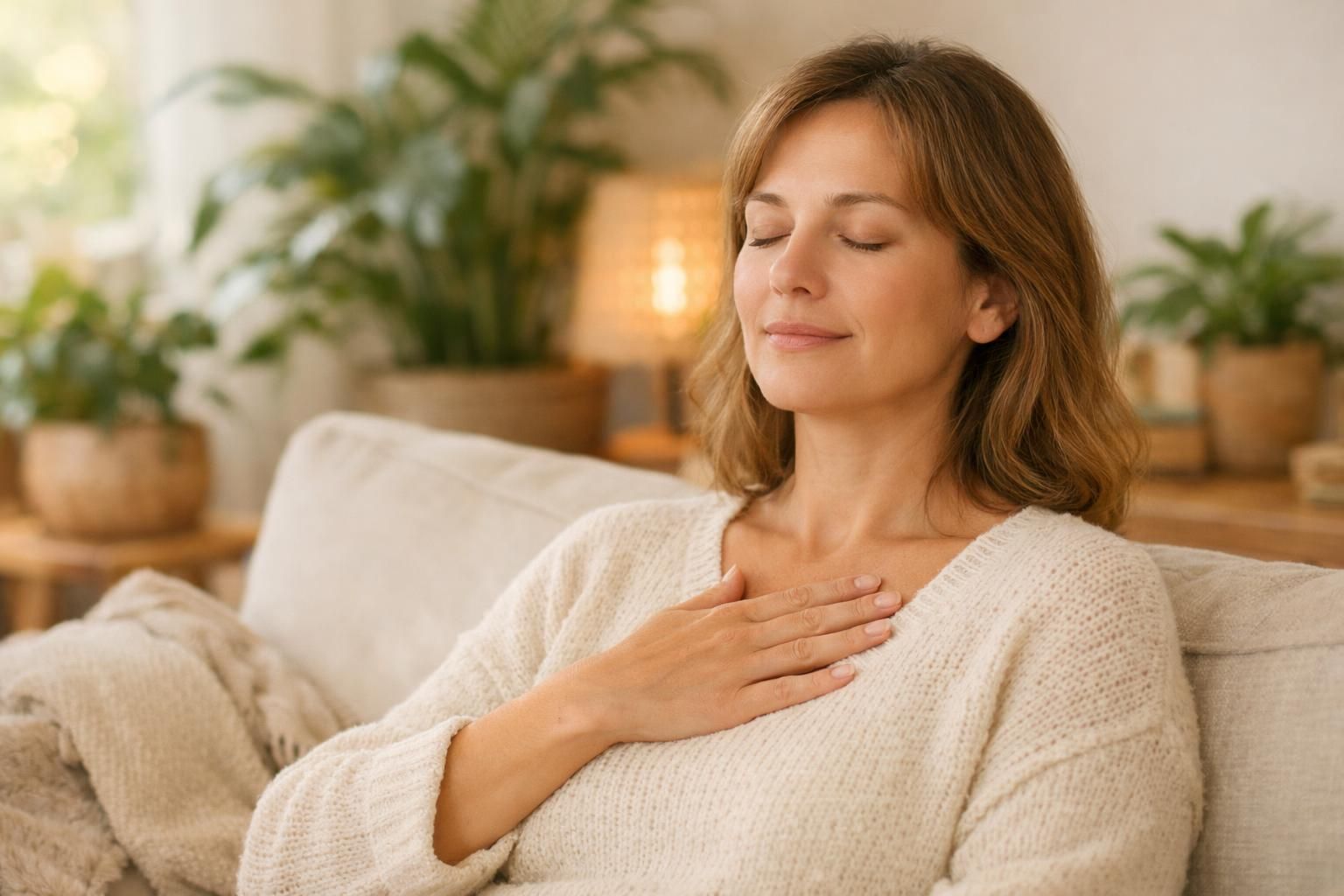Femme détendue pratiquant un exercice de respiration contre le stress