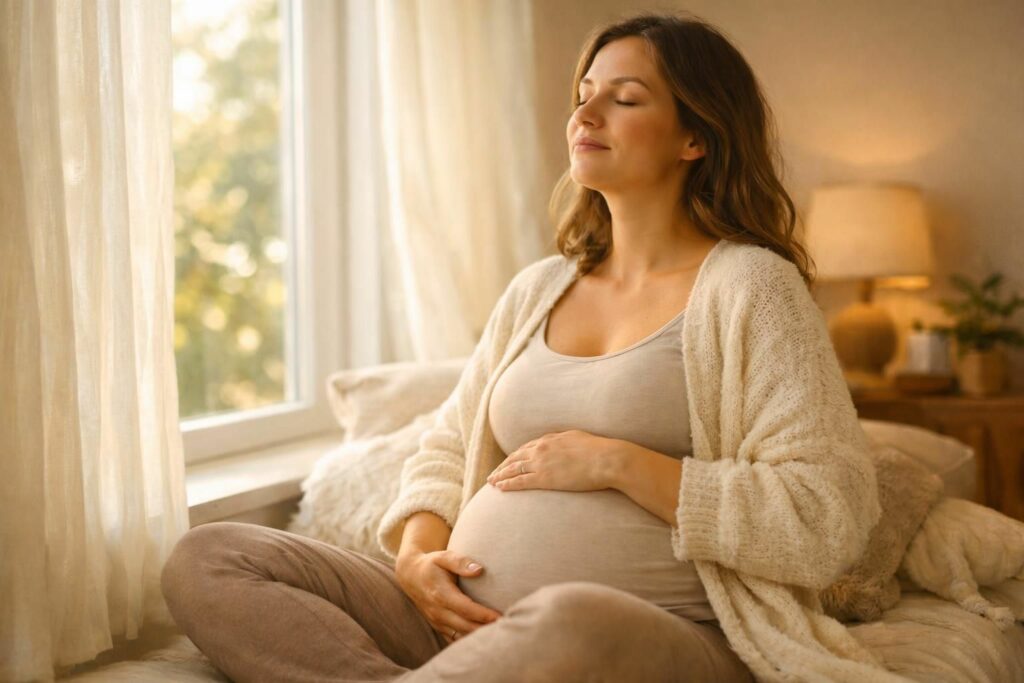 Femme enceinte sereine pratiquant un moment de relaxation près d'une fenêtre lumineuse