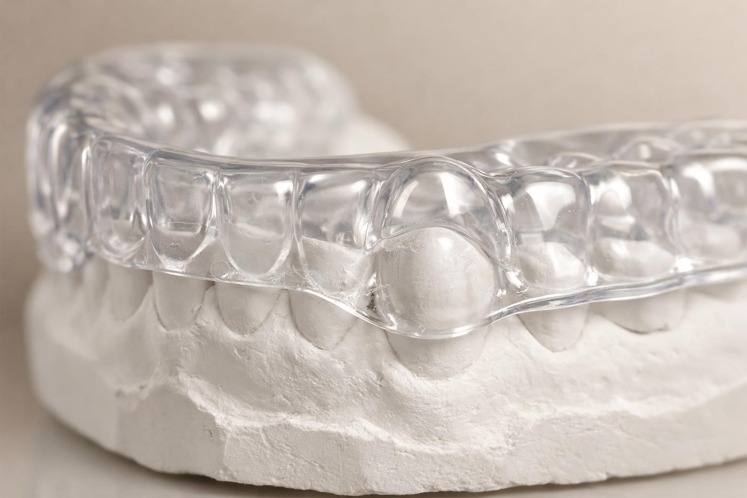 Gouttière occlusale transparente sur mesure posée sur un modèle dentaire