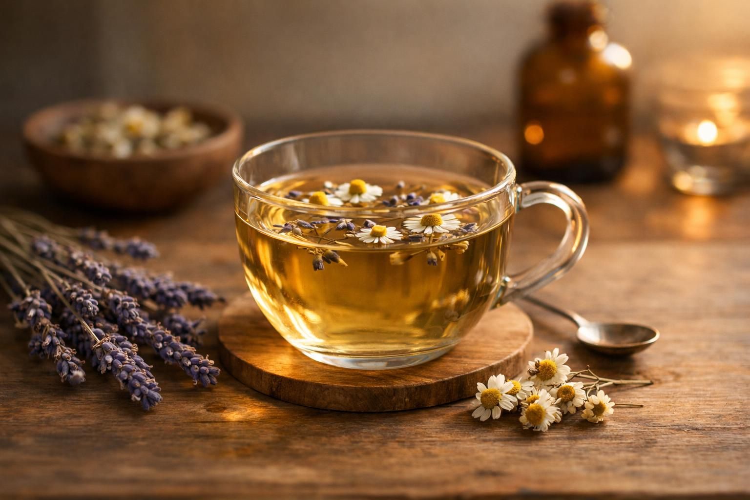 Infusion apaisante et brins de lavande posés sur une table au calme
