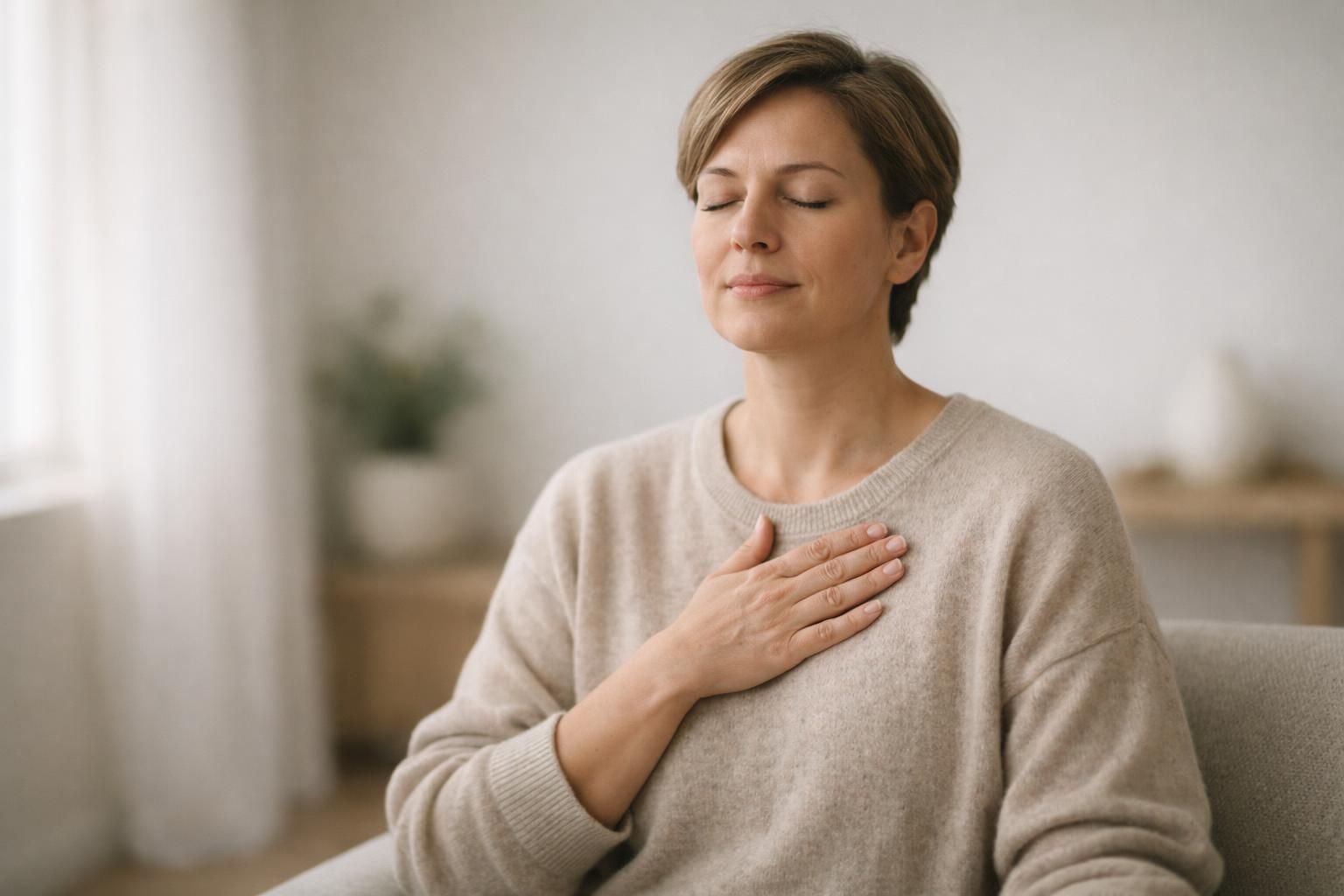 Personne pratiquant un exercice de respiration et de relaxation au calme