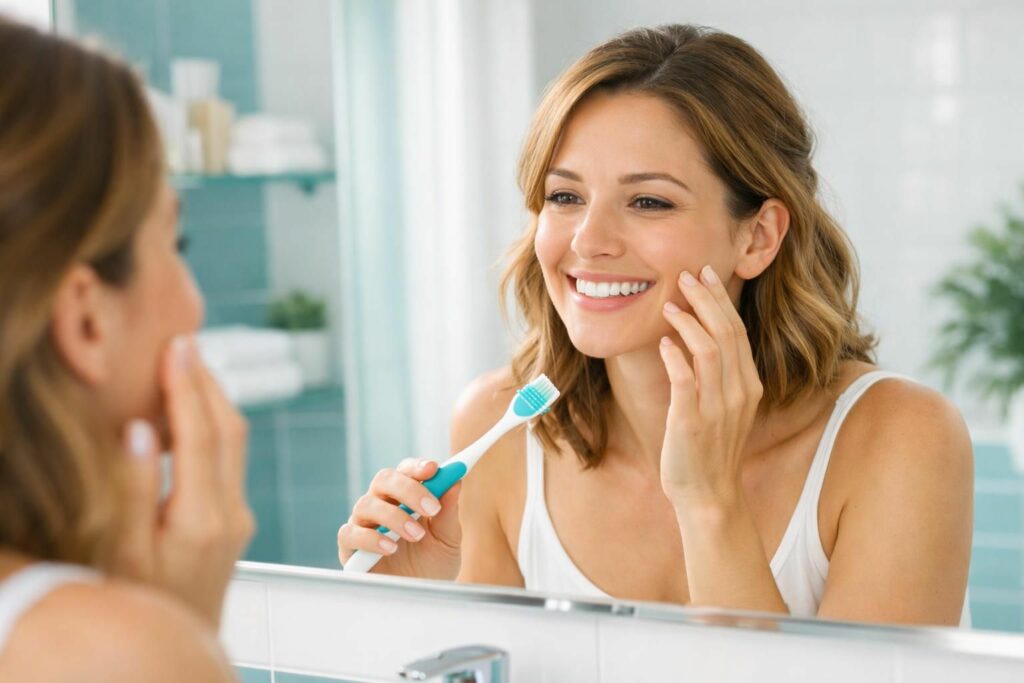 Jeune femme examinant son sourire dans le miroir avec une brosse à dents