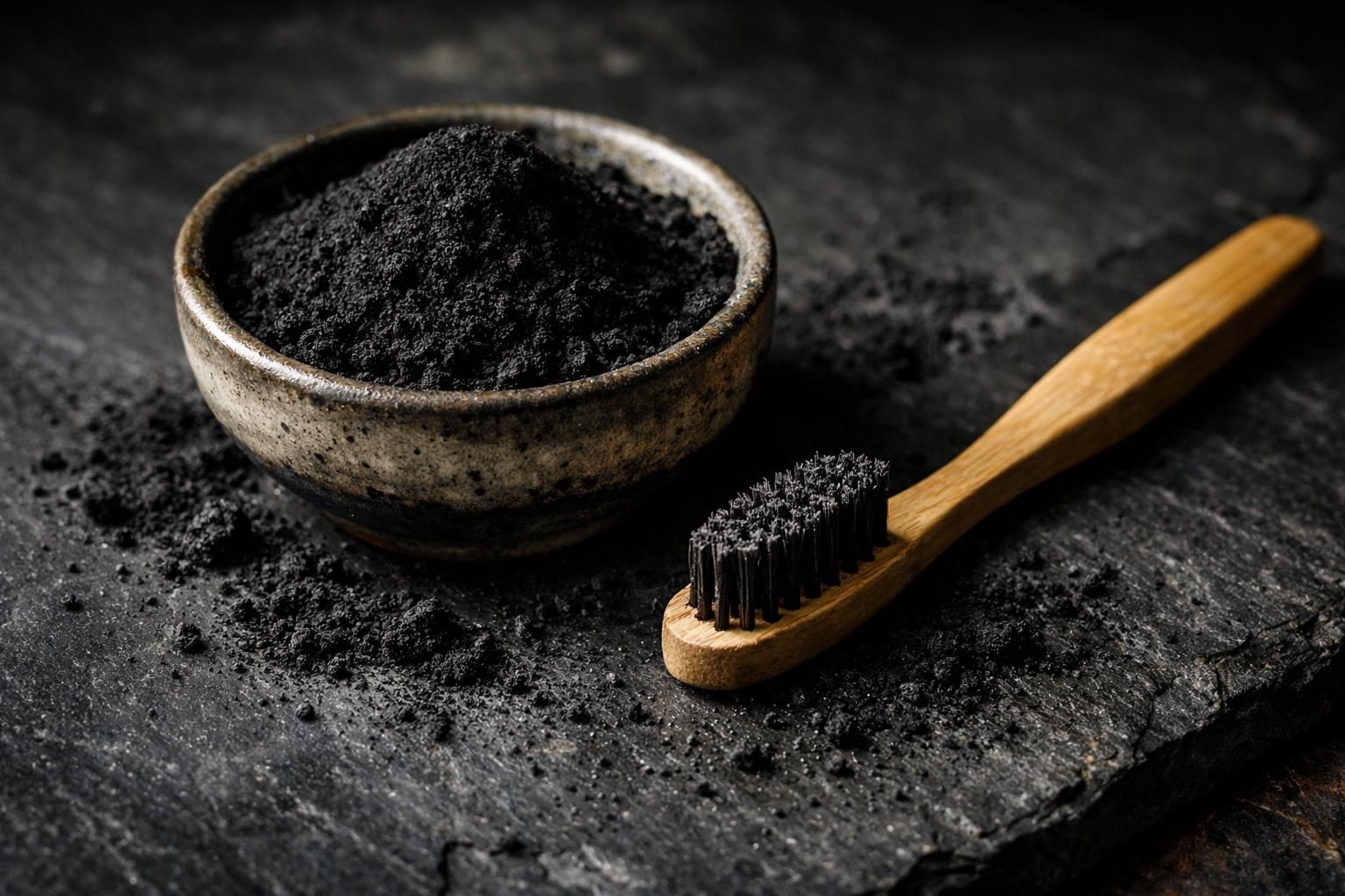 Poudre de charbon actif noir dans un bol à côté d'une brosse à dents en bambou