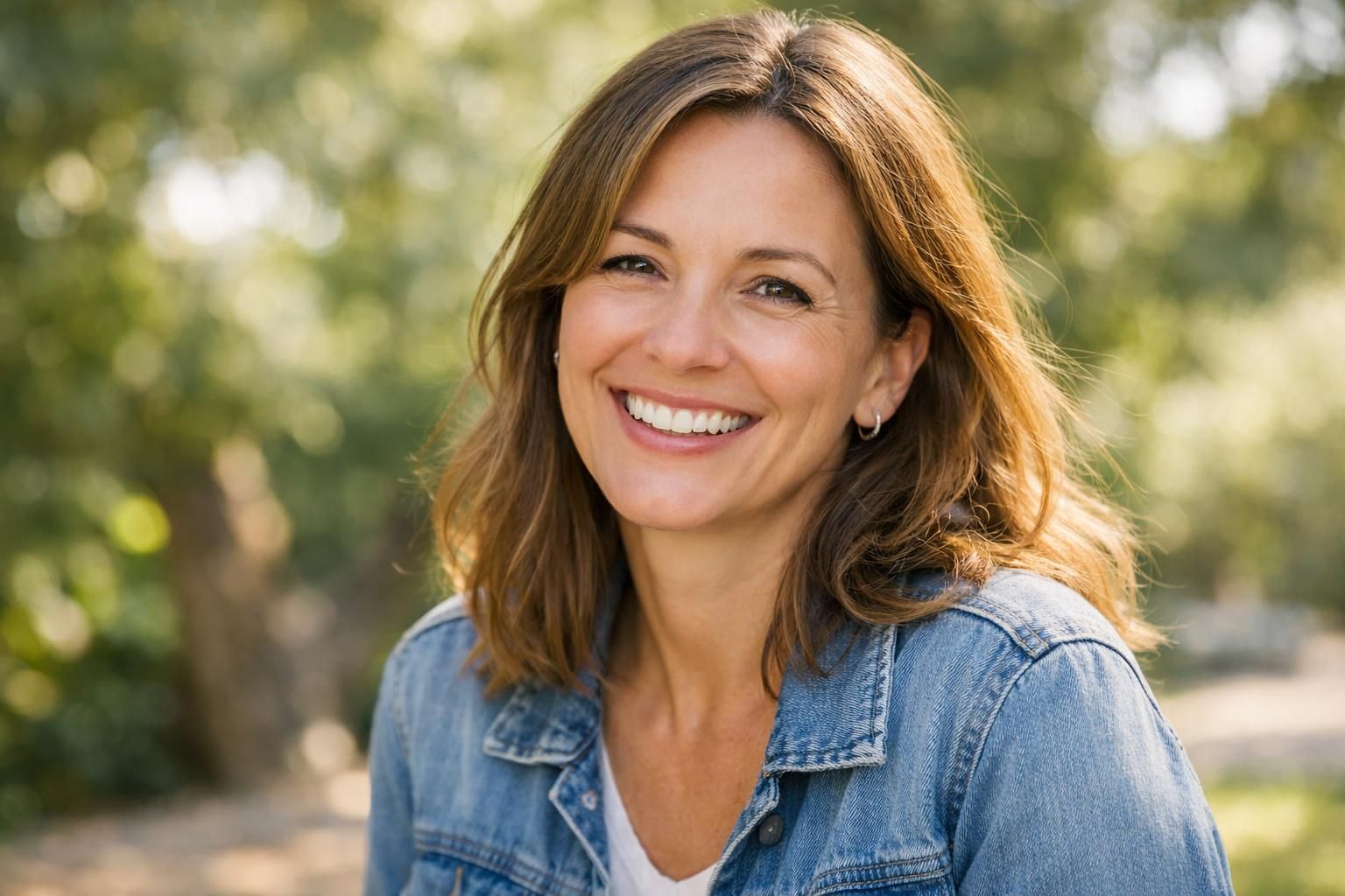 Femme souriante en extérieur à la lumière naturelle, sourire sain et lumineux