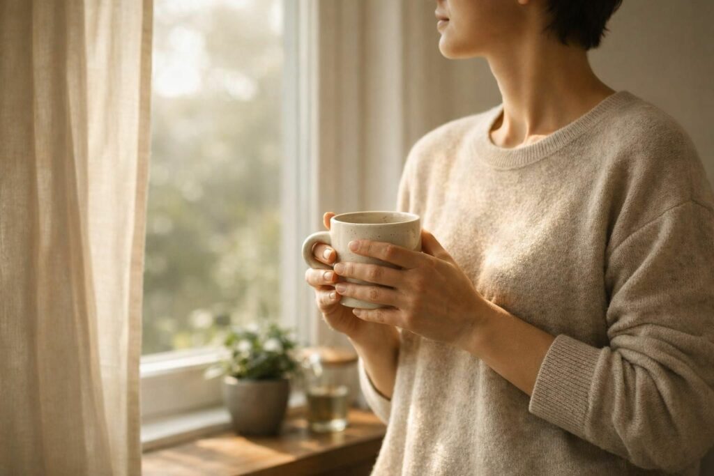 Personne réfléchissant à sa santé bucco-dentaire, une tasse à la main le matin